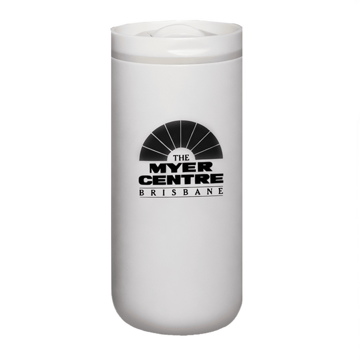 The Siena 450ml Vacuum Tumbler - A drink bottle in white with a black logo, featuring a sleek vacuum design. Ideal for keeping beverages at temperature.