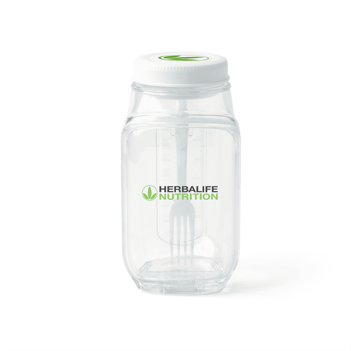 Go Salad Jar - A clear plastic salad jar with a white lid and a branding logo. Features measurement markings on the side.