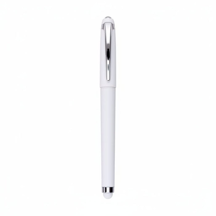 Fidget Gel Pen - A white gel pen with a shiny chrome clip and tip, featuring a logo on its body.