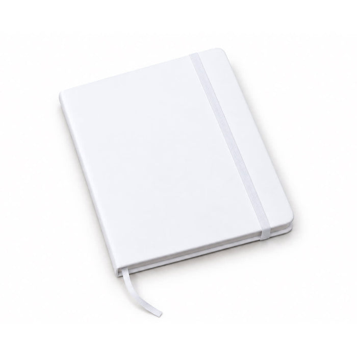 FSC Notebook - A white FSC notebook with a ribbon bookmark and an elastic band. Features branding on the cover.
