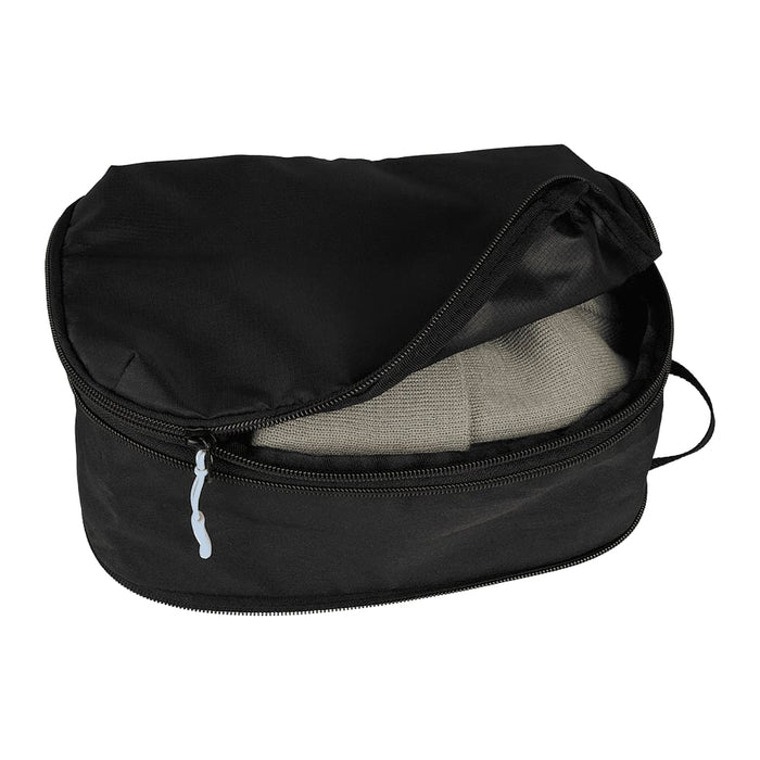 Wander & Roam Compression Packing Cube Set - A black compression packing cube with a zippered opening, containing folded clothing inside.