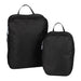 Wander & Roam Compression Packing Cube Set - A set of black compression packing cubes in two sizes, featuring zippers and carry handles, with a logo.