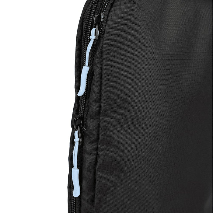 Wander & Roam Compression Packing Cube Set - A black packing cube with blue zipper pulls, featuring a textured fabric surface and seamless design.