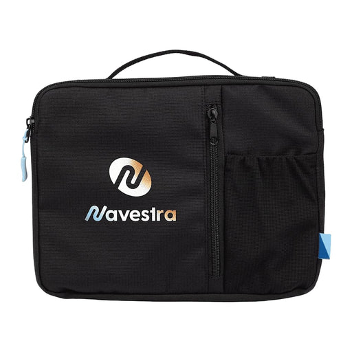 Wander & Roam Organiser Case - A black organiser case with a front zip pocket and a branding logo on the front. It features a top handle for easy carrying.