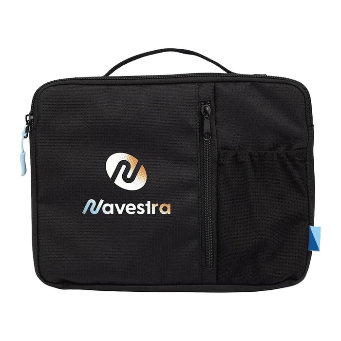 Wander & Roam Organiser Case - A black organiser case with a front zip pocket and a branding logo on the front. It features a top handle for easy carrying.