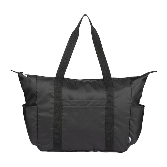 Wander & Roam Packable Travel Duffel Bag - A black packable travel duffel bag with sturdy handles and side pockets. It features a logo on the front.
