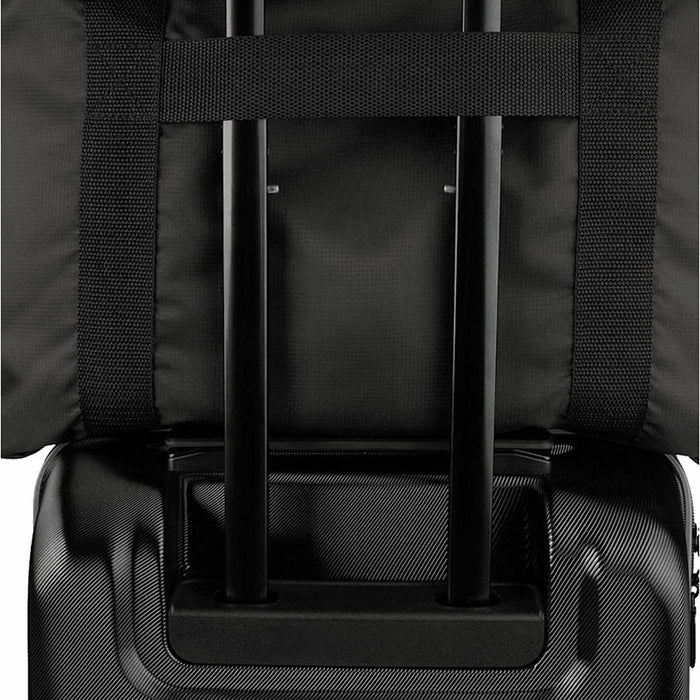 Wander & Roam Packable Travel Duffel Bag - A packable travel duffel bag in black with adjustable straps and a retractable handle. Features a logo.