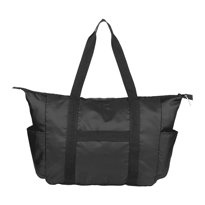 Wander & Roam Packable Travel Duffel Bag - A black duffel bag with long handles and outer side pockets, featuring a zip closure and a branding logo.