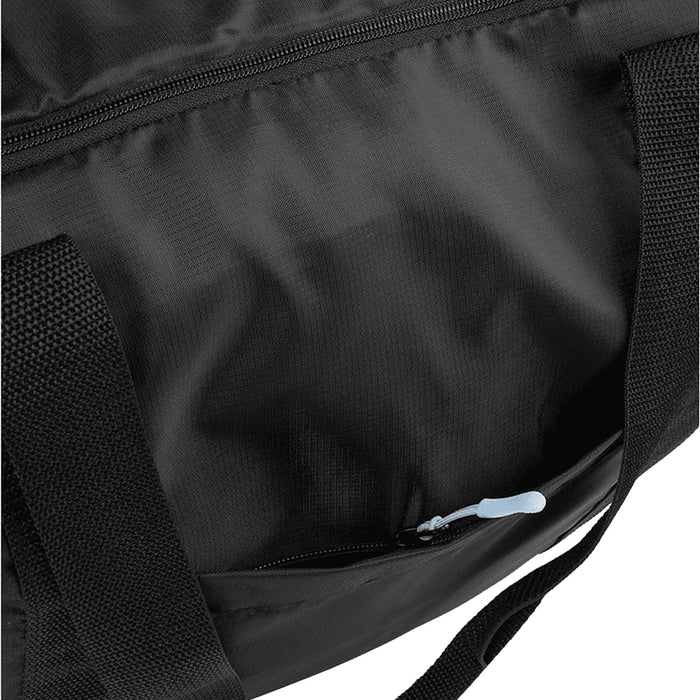 Wander & Roam Packable Travel Duffel Bag - A packable travel duffel bag in black, featuring a zippered pocket and sturdy handles. It has a logo.