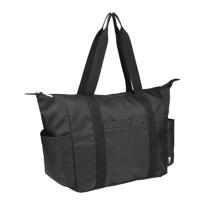 Wander & Roam Packable Travel Duffel Bag - A black packable travel duffel bag with dual handles and side pockets, featuring a logo.