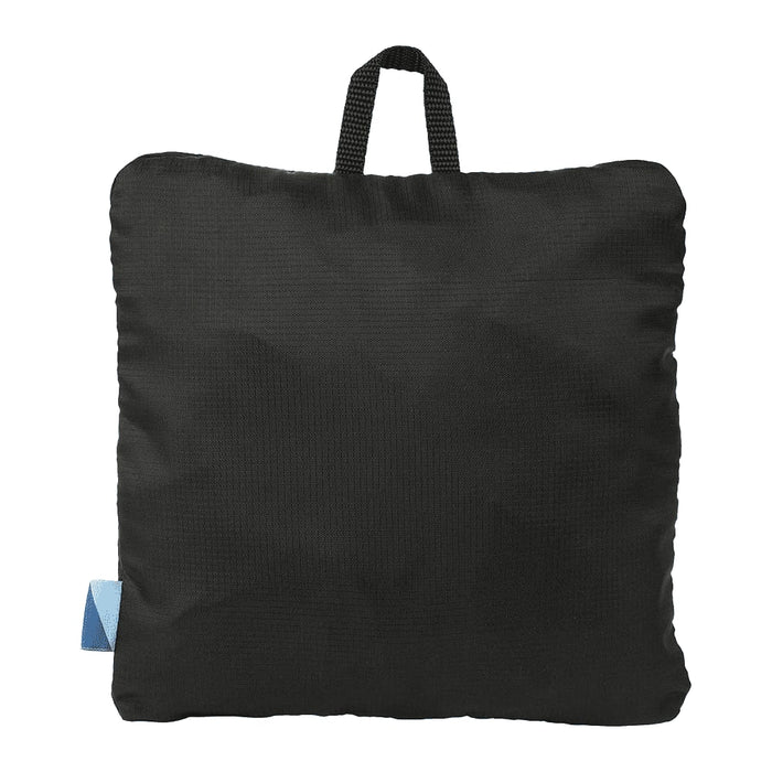Wander & Roam Packable Travel Duffel Bag - A black packable travel duffel bag with a top handle, featuring a contrasting blue tag.