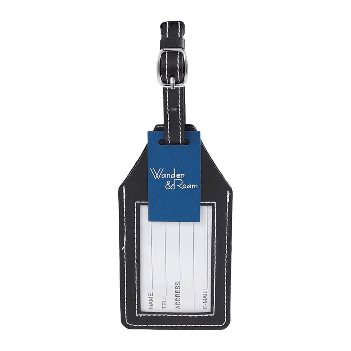 Wander & Roam Luggage Tag w/ AirTag Holder - A black luggage tag featuring a holder for an AirTag, with a blue tag for personal details.