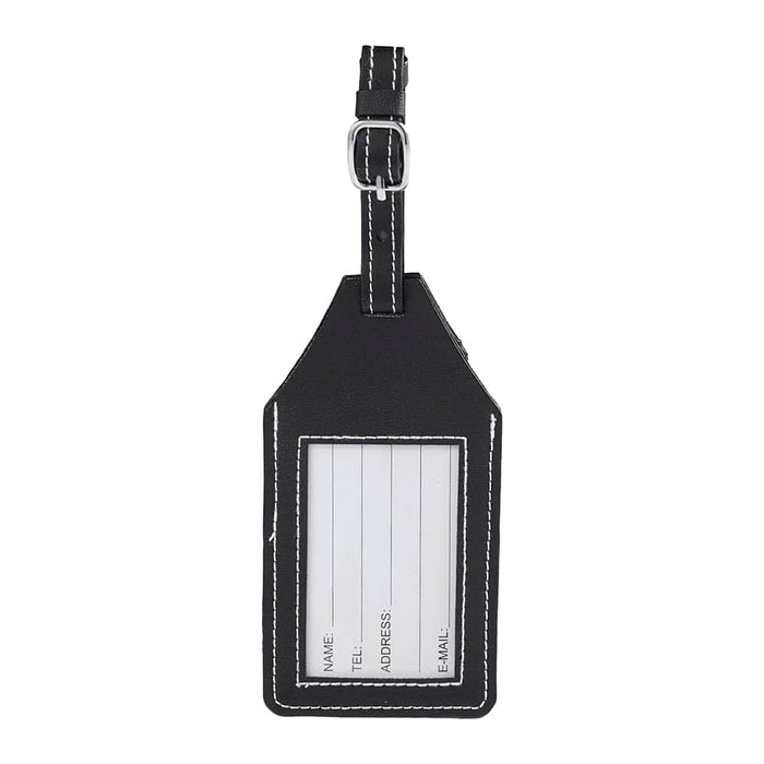 Wander & Roam Luggage Tag w/ AirTag Holder - A black luggage tag with a clear window for information, featuring a strap and contrasting stitching.