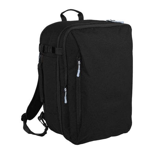 Wander & Roam Travel Backpack - A black travel backpack with multiple zippered compartments and adjustable straps, featuring a branding logo.