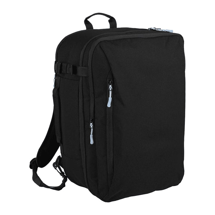 Wander & Roam Travel Backpack - A black travel backpack with multiple zippered compartments and adjustable straps, featuring a branding logo.