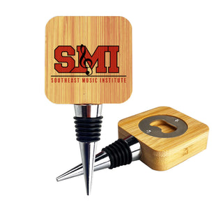 Bamboo Wine Stopper Opener - A drink bottle stopper and opener made of bamboo with a metal base, featuring a logo.
