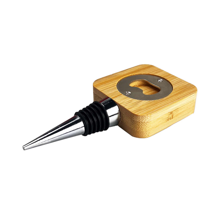 Bamboo Wine Stopper Opener - A drink bottle opener with a bamboo base, metal spout, and a built-in bottle opener feature.